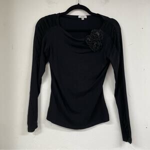 Cache Black Ruched Long Sleeve Blouse Womens S Scoop Neck Rosettes Whimsigoth